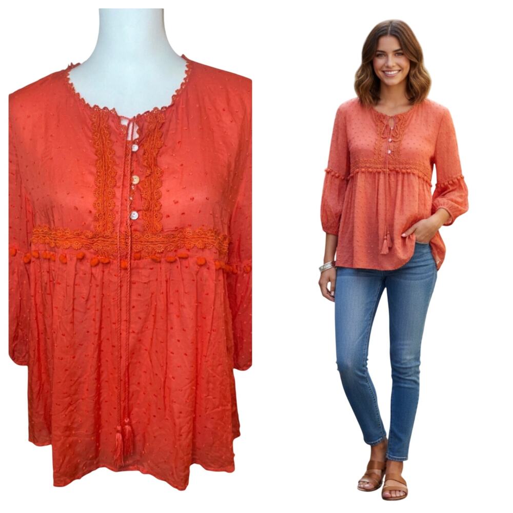 Bright Coral Peasant Blouse Tassel & Pom-Pom Dot Tunic Size Small Boho-chic